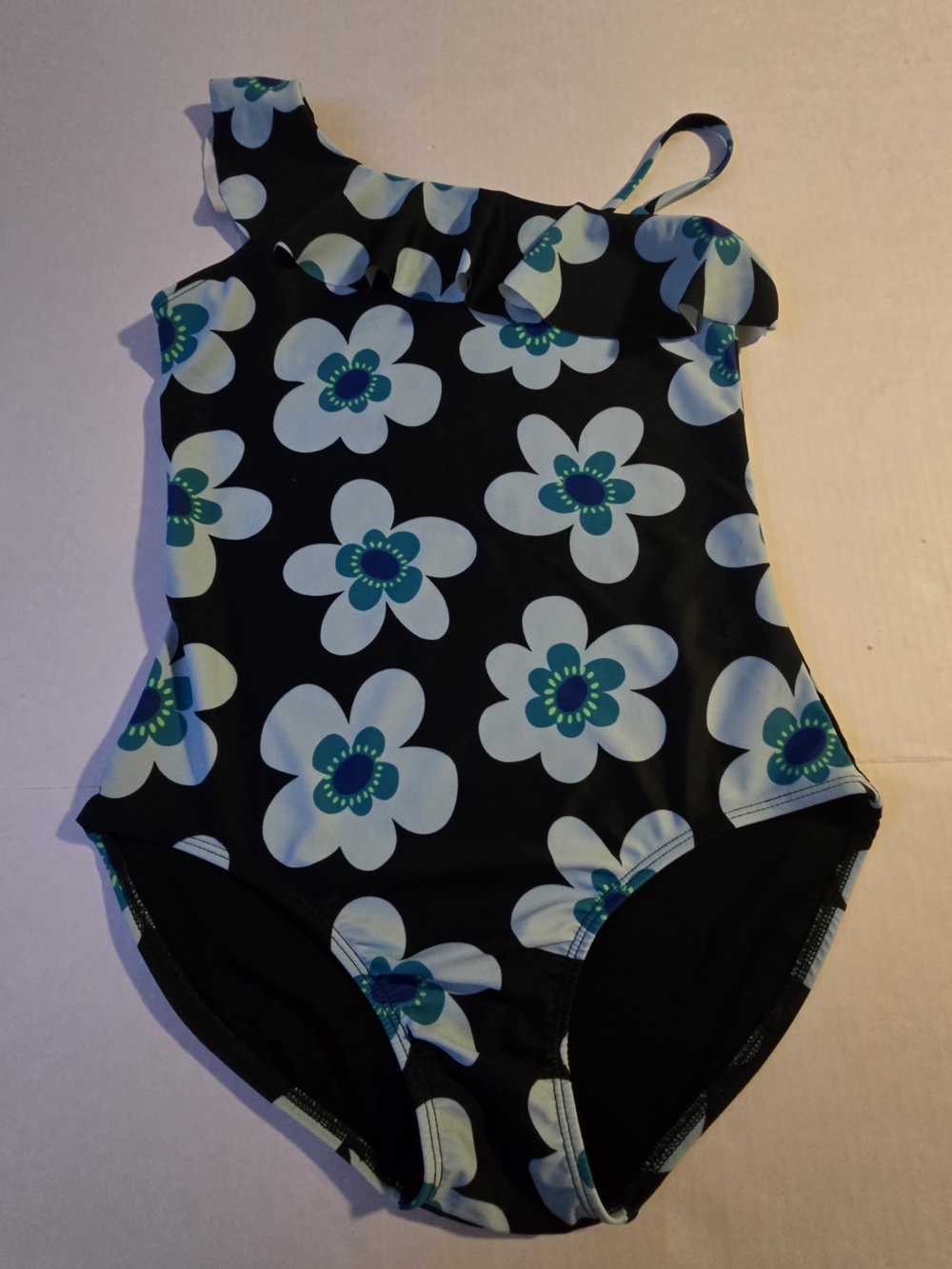 Girls Floral One-Shoulder Navy Blue Pattern Swim Suit